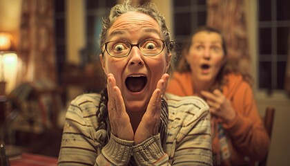 Fototapeta premium A woman with glasses and graying hair reacts in surprise, mouth open in shock, while holding her hands to her face. A woman behind her is blurry but also appears surprised.