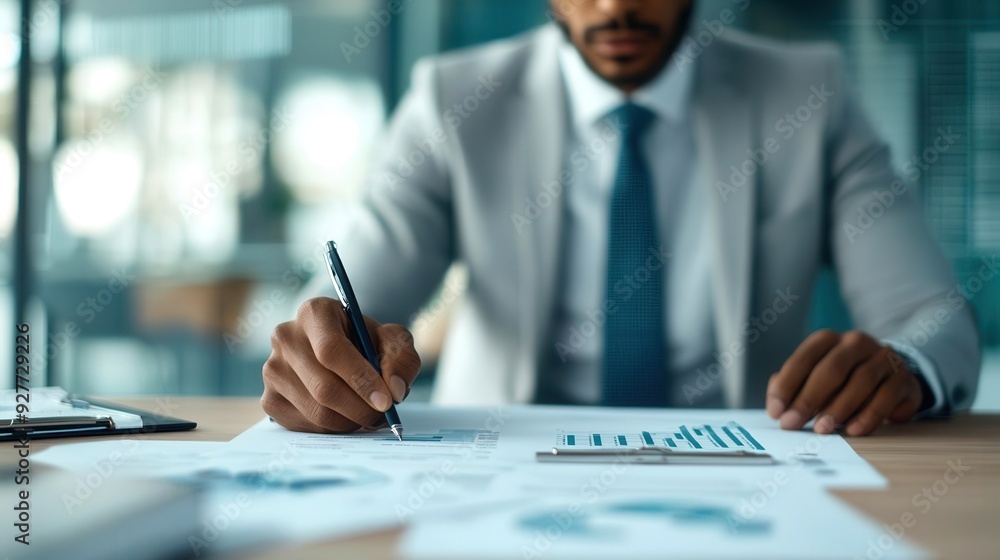 Poster a focused businessman analyzing data and making notes on financial documents in a modern office envi