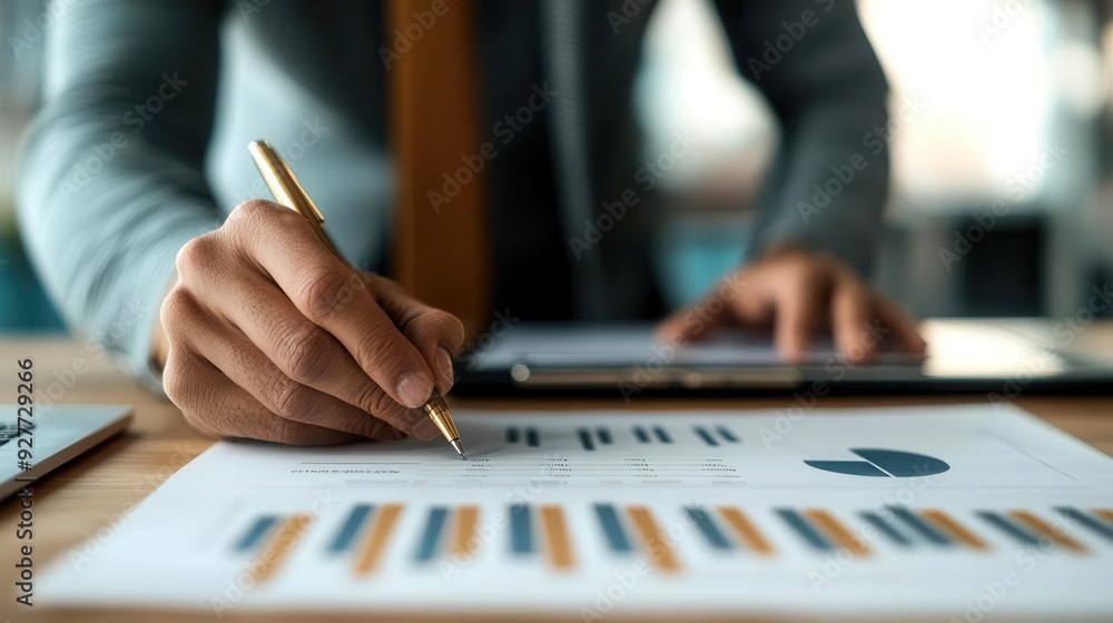 Poster a professional analyzing financial data with graphs and charts using a digital tablet. focus on prod