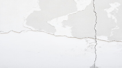 Crack on white concrete wall texture, Cracked wall background. Cracked wall texture grunge damage stain background. Grey dirty old crack broken concrete wall, monochrome, black and white
