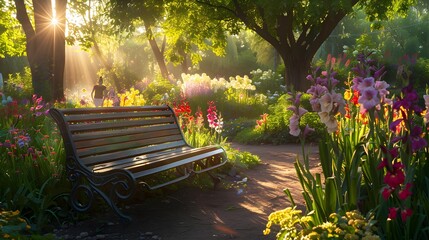 Decorative bench surrounded by flowering shrubs