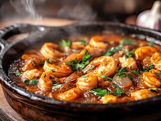 A rustic Spanish seafood stew served in a traditional clay pot, surrounded by fresh herbs and garlic, with steam rising to enhance the warmth and aroma