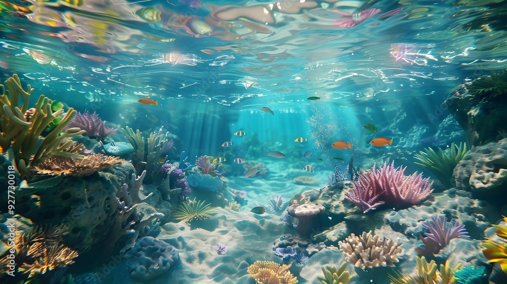 Poster tropical lagoon with coral reefs its crystal clear