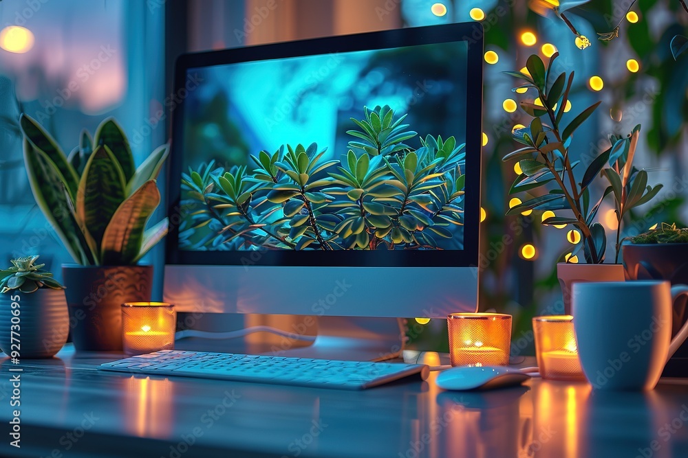 Poster a computer monitor is lit up with a green screen and a few candles on a desk