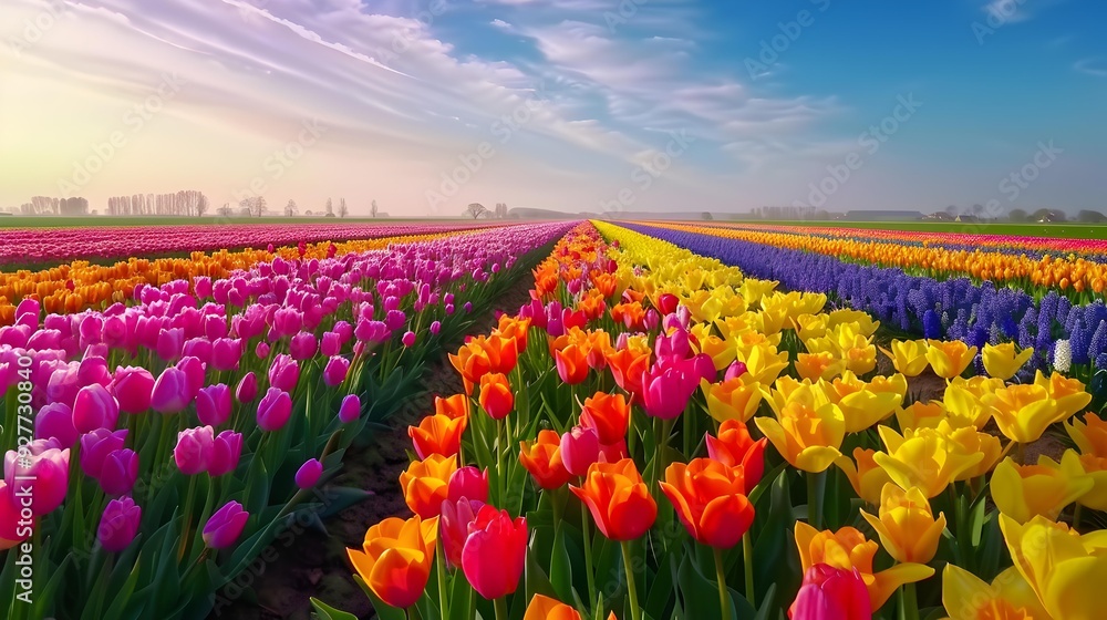 Wall mural Landscape bright rows of tulips daffodils and hyacinths