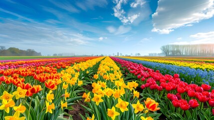 Fototapeta premium Landscape bright rows of tulips daffodils and hyacinths