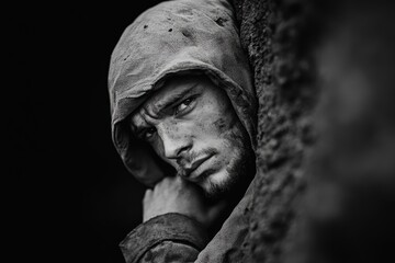 Moody Black and White Portrait of a Man in a Hooded Cloak with Intense Expression
