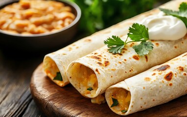 Artistic overhead shot of a plate of enchiladas verdes, covered in green tomatillo sauce, melted cheese, and topped with crema, served with a side of refried beans