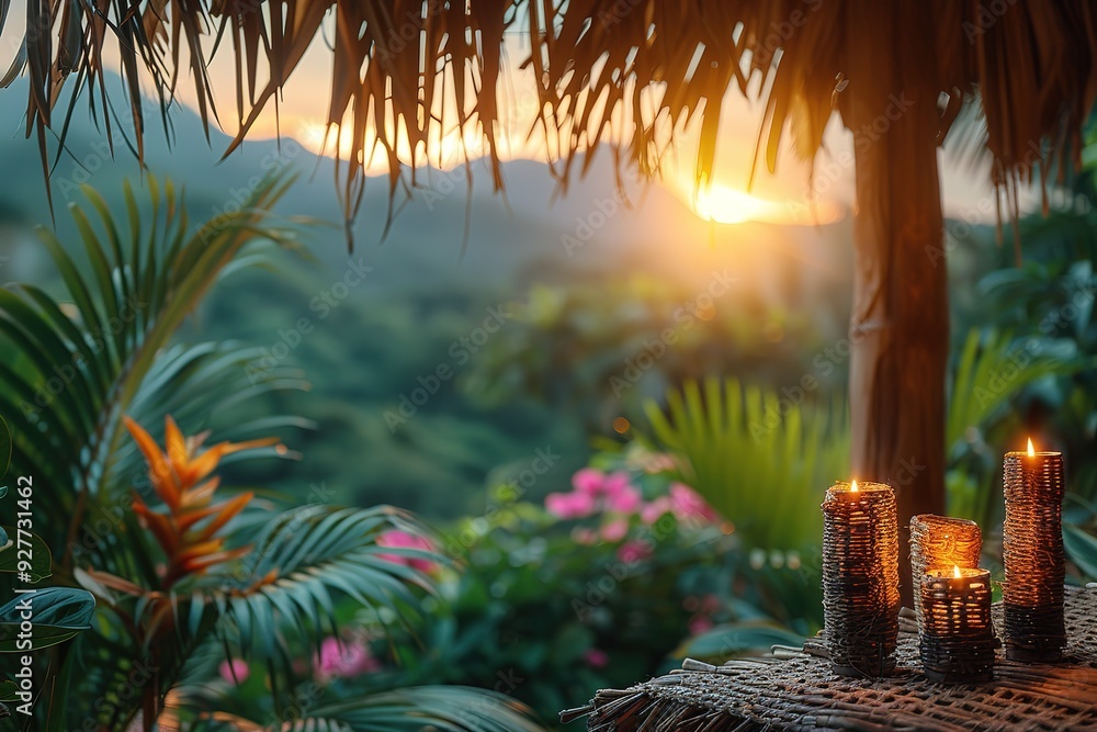 Poster A table with candles and a canopy in the background