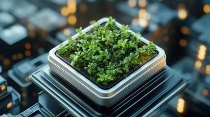 A lush, green plant growing from a modern microchip, symbolizing the fusion of nature and technology in a digital world.