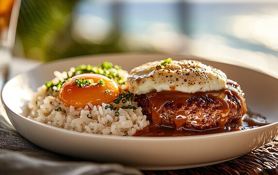 Hawaiian loco moco on a white plate, featuring a hamburger patty over rice, topped with gravy and a fried egg, with a tropical beach in the background