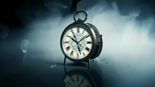 A clock shattering into countless pieces, surrounded by mist and intricate patterns created by gobo lighting