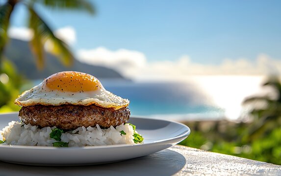 Hawaiian loco moco on a white plate, featuring a hamburger patty over rice, topped with gravy and a fried egg, with a tropical beach in the background