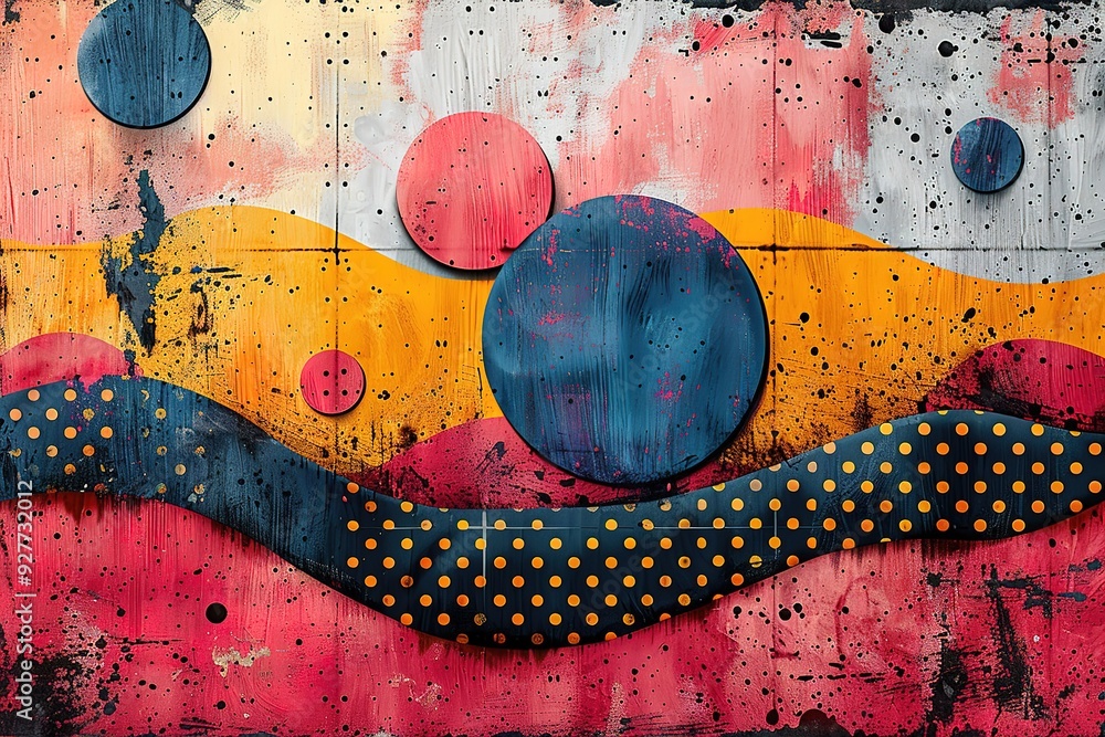 Poster a colorful abstract painting with a wave pattern and a lot of dots