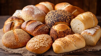 Many mixed breads and rolls of baked bread on wooden table background -
