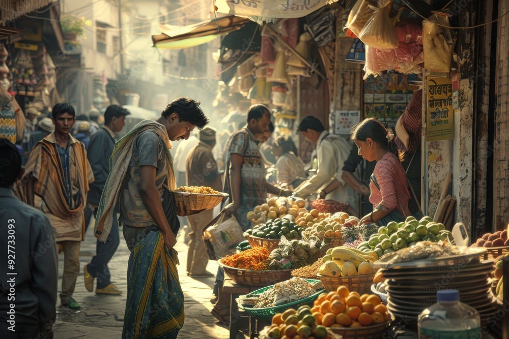 Poster shoppers browse a vibrant market filled with an array of fresh vegetables and fruits, highlighting c