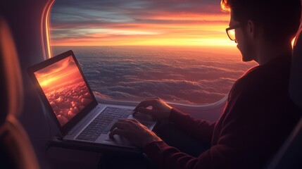 A freelancer on a sunset flight works on a laptop while en route to an international business trip.