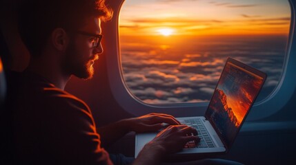 A freelancer doing work on a laptop while flying at sunset while traveling to an international destination for business.