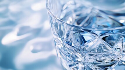 Glass filled with water and ice on a plain background.