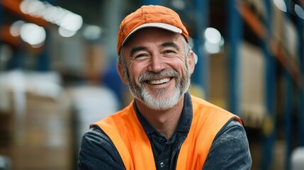 Smiling portrait of a happy middle aged warehouse worker or manager working in a warehouse