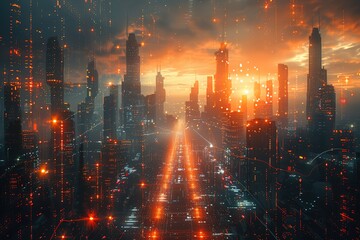 Fototapeta premium A cityscape with a bright orange sun in the sky