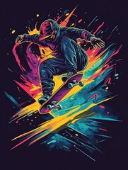 Urban Thrills. Dynamic Skateboarding T-Shirt with Vibrant Tricks and Street Vibes