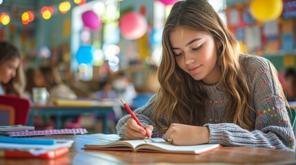 female student writes at the desk in the classroom