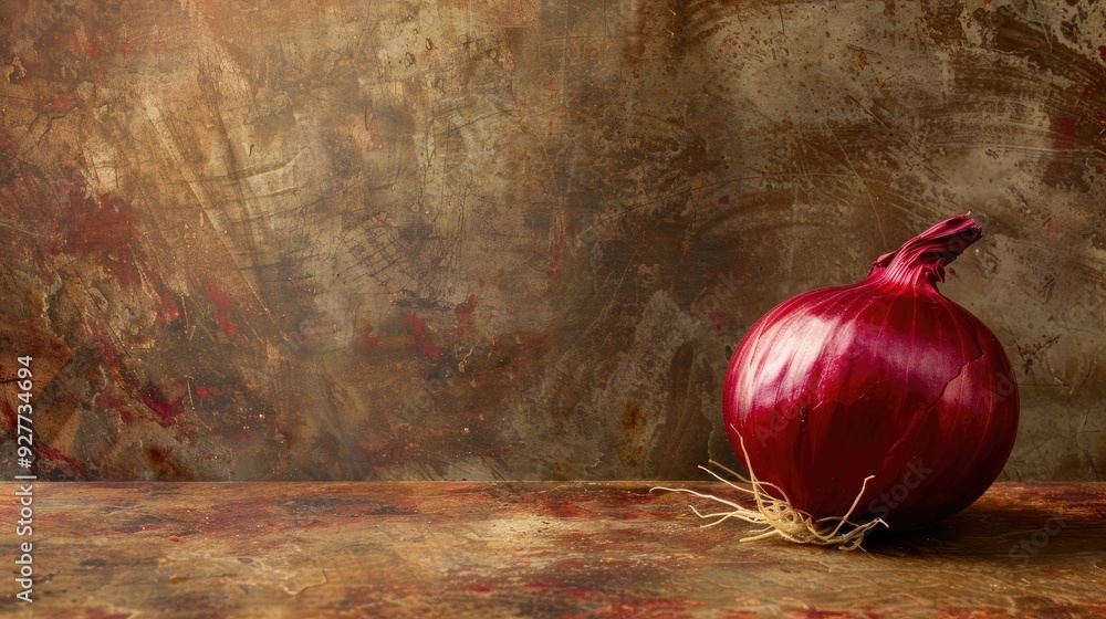 Poster red onion on table with space for text