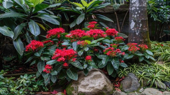 Red ixora planted in the garden