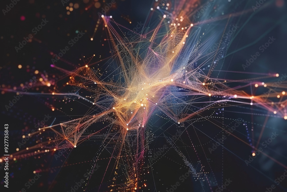 Poster an abstract depiction of the internet's future, featuring interconnected devices and vibrant digital