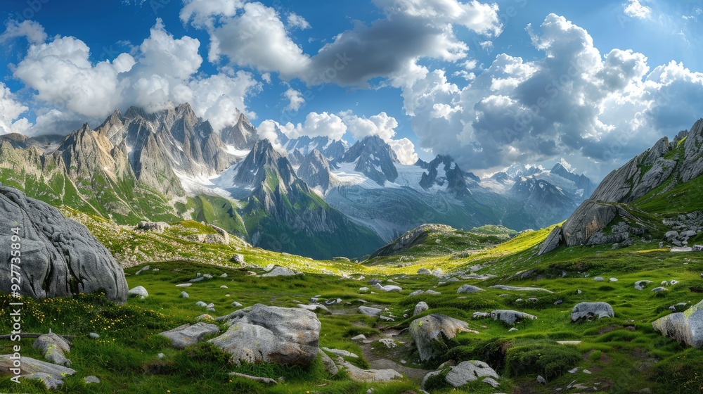 Wall mural Panorama of the Alps in summer. View on the Seigne pass (col de la seigne) in Italy during Tour du Mont Blanc hike --ar 16:9 Job ID: dc653061-01c1-41b1-95c3-6a4ab6d55ec3