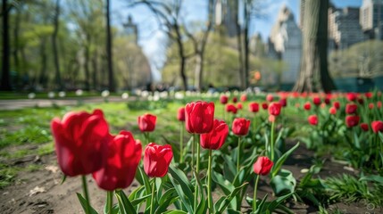 Red tulips in a springtime park