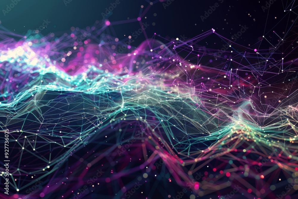 Poster an abstract depiction of the internet's future, featuring interconnected devices and vibrant digital