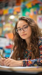 Fototapeta premium portrait of female student at the desk in classroom