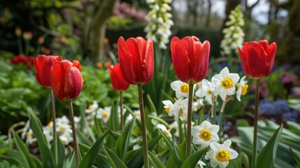 Red tulips in bloom surrounded by hyacinthus and narcissus