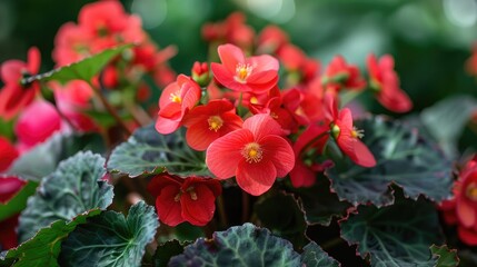 Red flowers bloom on Begonia semperflorens