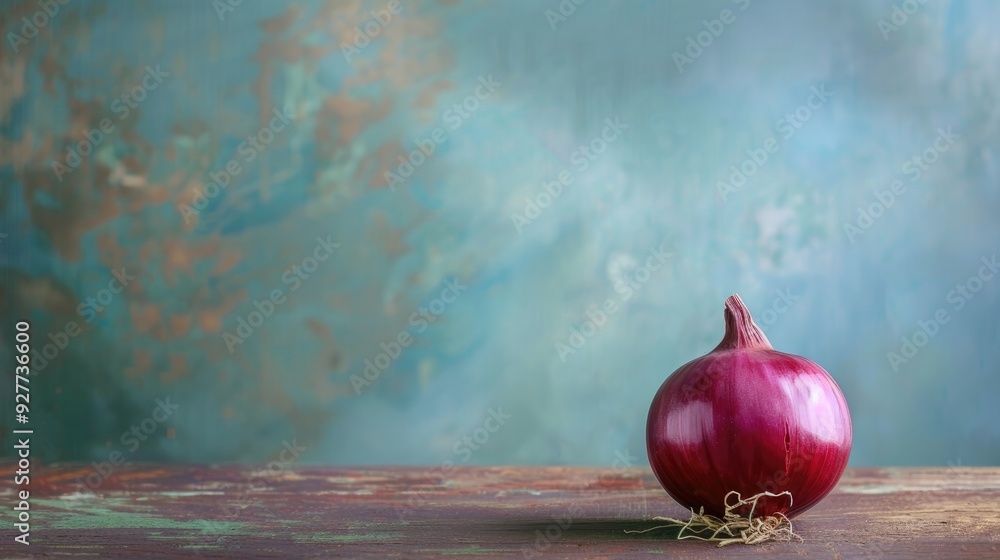 Poster red onion on table with space for text