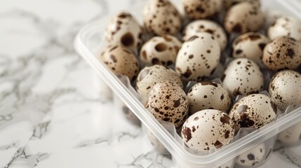 Obraz premium Quail eggs in plastic box on white marble table Close up