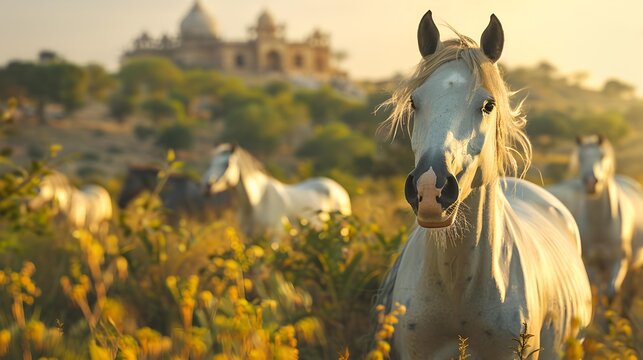 Marwari horses with their unique curved ears stand