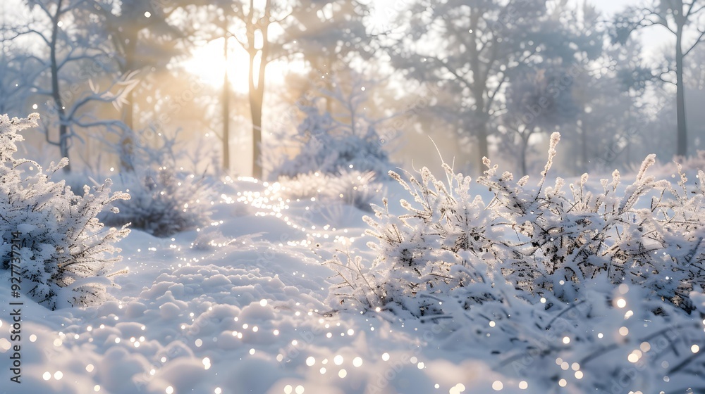 Poster snowy meadow with rare bushes and trees covered