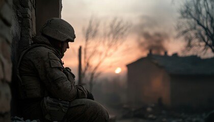 Soldier in Full Gear Sitting Against a Wall at Sunset in a War-Torn Area