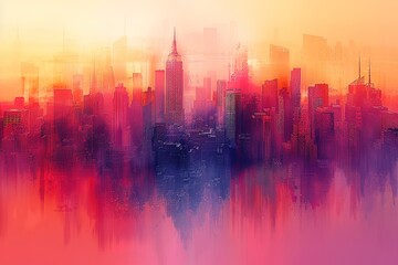 A cityscape with a pink and blue background and buildings in the foreground