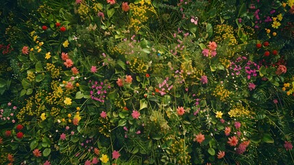Green meadow with colorful flowers and herbs