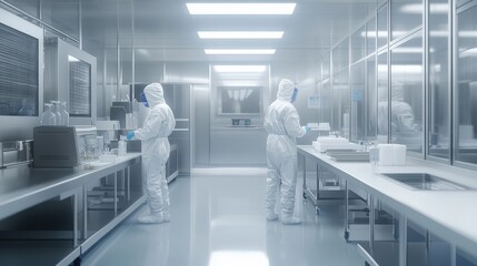 Laboratory specialists in cleanroom attire work on pharmaceutical processes within a sterile environment focused on research and manufacturing