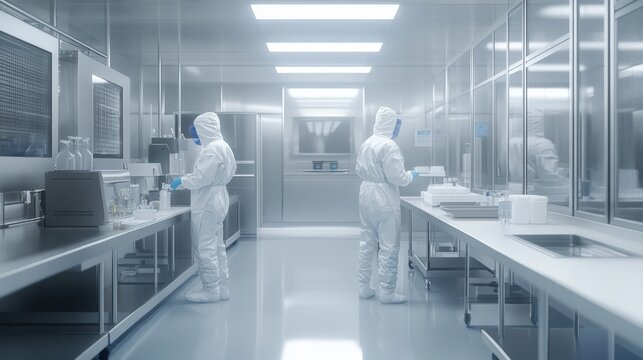 Laboratory specialists in cleanroom attire work on pharmaceutical processes within a sterile environment focused on research and manufacturing