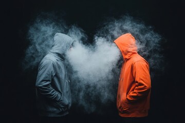 Obraz premium Two Hooded Figures Facing Each Other with Smoke in Dark Background