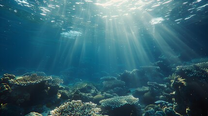 Bright solar rays penetrating through the water illuminate picture