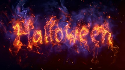 The word Halloween written in orange and yellow smoke on a black background with sparks.