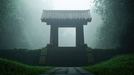 Serene mist surrounds a traditional gate, inviting tranquility and reflection in a lush green landscape.