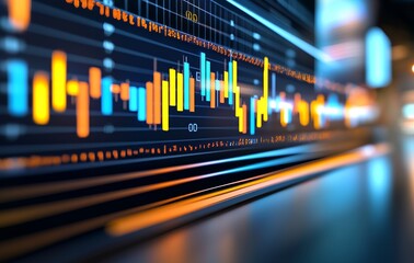 Digital Stock Market Graph with Blue and Yellow Colors, Blurred Background